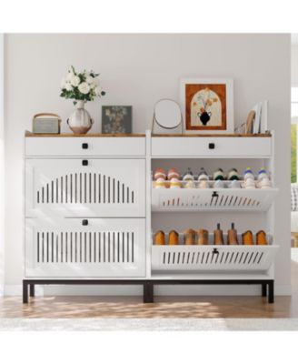Wooden Shoe Cabinet with 2 Hollow-Panel Flip Drawers and Top Drawer