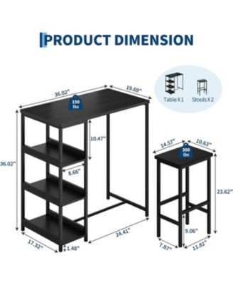3-Piece Kitchen Table Set with Storage Shelves & 2 Bar Stools, Iron & Wood, Dining Table for Small Spaces