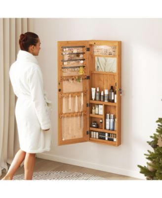 Solid Wood Jewelry Armoire Organizer Cabinet with Full Length Mirror Wall Mounted Lockable with LED Light