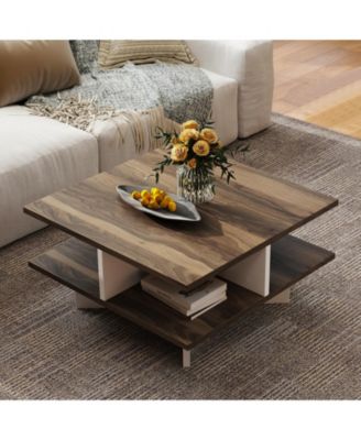 2-Tier Square Coffee Table with 4 Storage Compartments-Walnut