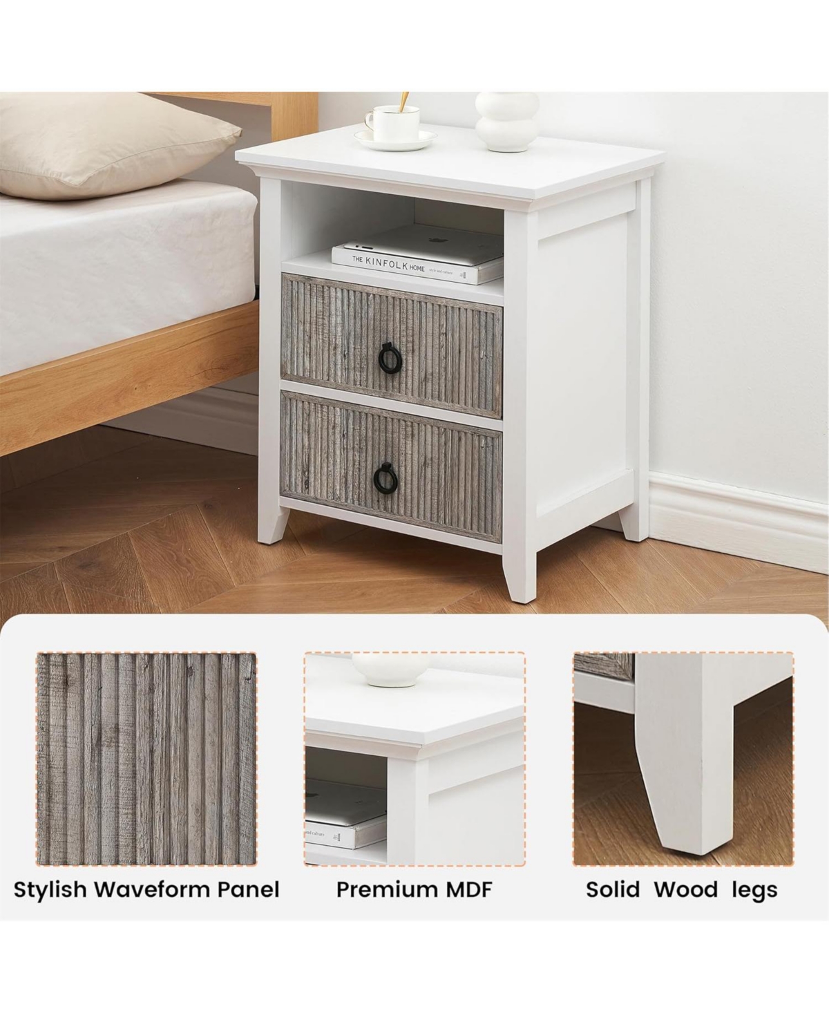 gaomon Nightstand Set of 2 Nightstand with 2 Drawers and Open Shelf Ripple Pattern Bedside Table with Fluted Design End Side Table for Bedroom