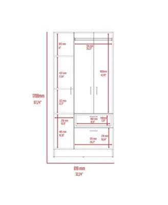 67.2inch Armoire with Double Door Cabinet One Drawer Five Shelves Metal Rod