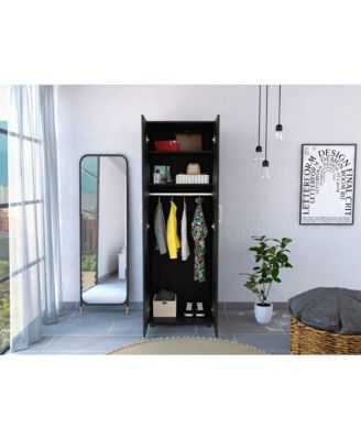 Slim Armoire for Bedroom with 2 Shelves Hanging Rod Double Door