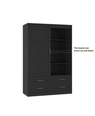Tall Bedroom Armoire Wardrobe Closet with Hanging Rod Barn Door Drawers and Open Shelves Clothing Storage Cabinet