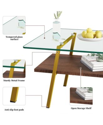 Rectangle Coffee Table, 2 Tier Center Table with Clear Tempered Glass Top and Metal Legs for Living Room