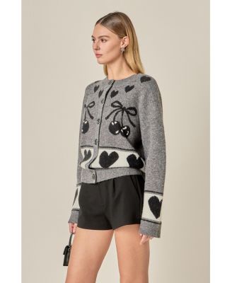 Women's Knit Cardigan with Cherry Heart Pattern