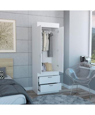 Armoire with Large Double Door Cabinet Two Bottom Drawers and Hanging Rod Bedroom Storage Organizer