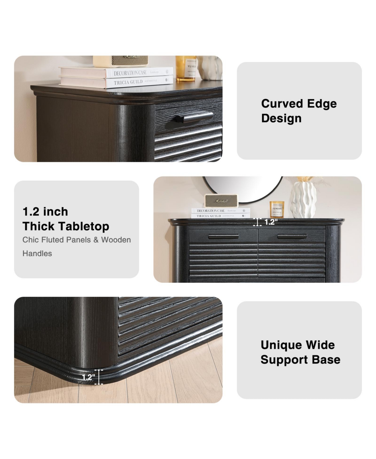 flynama 6 Drawers Dresser Modern Curved Profile Wood Fluted Storage Organizer 45 inch Tall for Bedroom Living Room Entryway