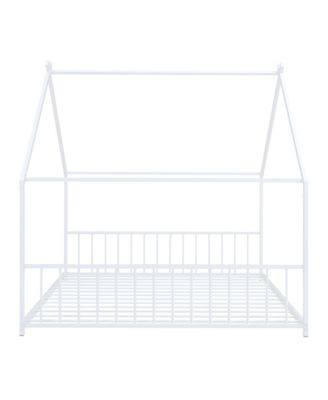 White Metal House Bed with Roof Design Semi Enclosed Space and Integrated Slat Support