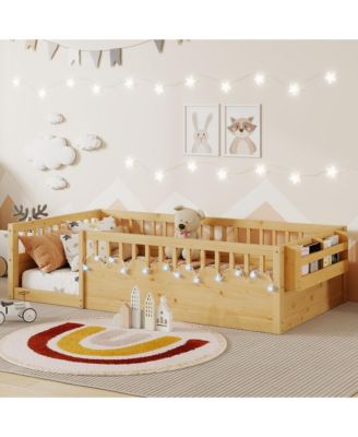 Montessori Wood Floor Bed With LED Light Storage Shelf High Rails
