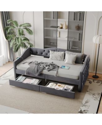 Upholstered Daybed With 2 Storage Drawers USB Ports Grey No Box Spring Needed