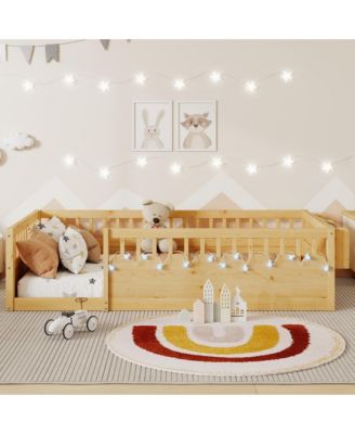 Montessori Wood Floor Bed With LED Light Storage Shelf High Rails