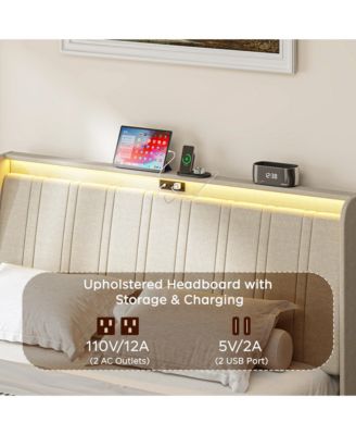 Platform Bed Fabric Upholstered Headboard Wood Slats USB Charging