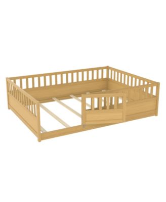 Montessori Floor Bed With Support Slat High Barrier Door Natural Wood For Kids
