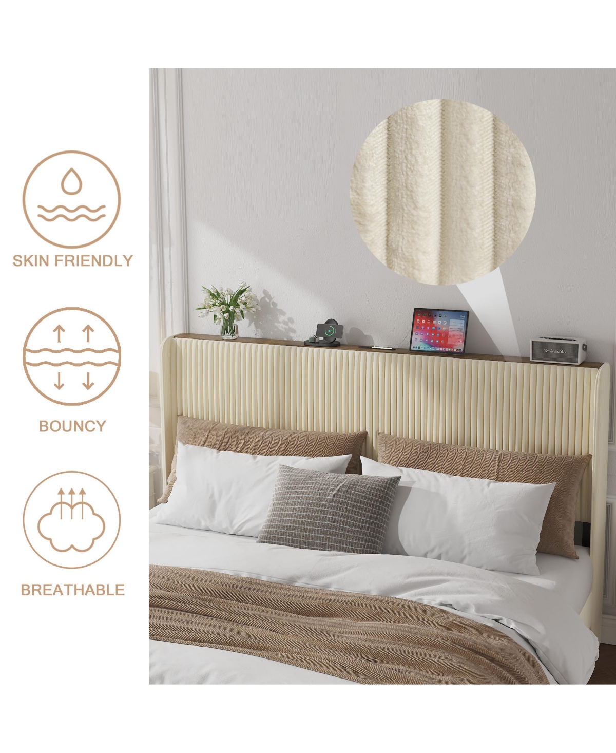 flynama Metal Platform Bed Beige Charging Station 2 Usb Ports Noise Free No Box Spring Needed