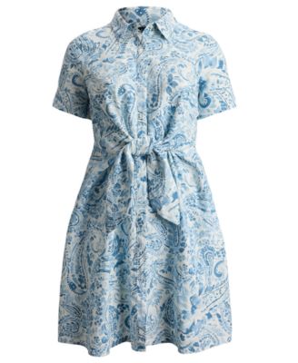 Plus Size Paisley Tie-Front Linen Shirtdress