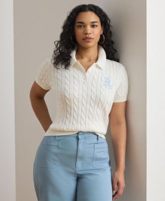 Plus Size Cable-Knit Cotton Polo Sweater