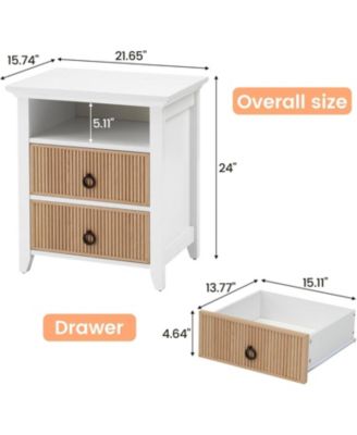 Wooden Nightstand with 2 Drawers and Open Shelf Ripple Pattern Bedside Table with Fluted Design Suitable End Side Table for Bedroom Living Room