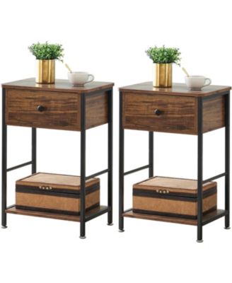 Nightstand Set of 2 Small End Side Tables with Storage Shelf and Large Drawer Industrial Slim Nightstands Bedside Tables for Bedroom