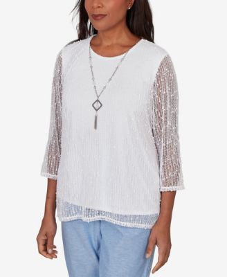 Women's Caribbean Blues Popcorn Mesh Solid Top with Necklace