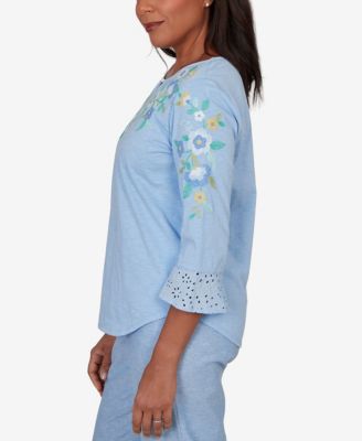 Petite Caribbean Blues Floral Embroidered Split Neck Top