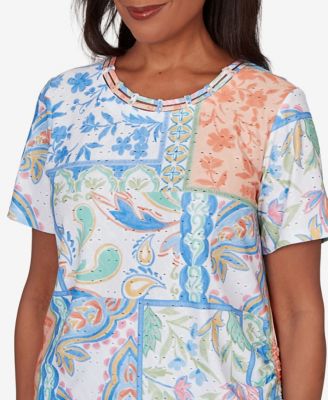 Petite Caribbean Blues Patchwork Scroll Side Tie Ruched T-Shirt