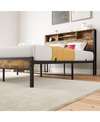 Metal Bed Storage Headboard Charging Station Bookcase