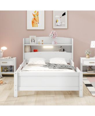Wood Platform Bed LED Light Storage Headboard Guardrail Pine Wood