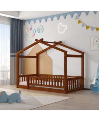 Wood House Bed Walnut Roof Fence Pine Wood Frame 7 Slats Kids Teens