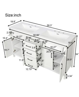 59.3" White Modern Solid Wood Frame Double Sink Vanity With SMC Sink, Black Handles, 4 Doors 5 Drawers Soft-Close