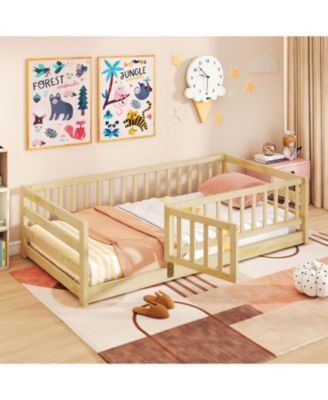 Twin Floor Bed with High Fence and Door Playhouse Design