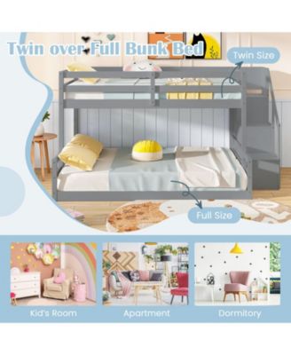 Solid Wood Twin Over Full Low Bunk Bed with Storage Stairs