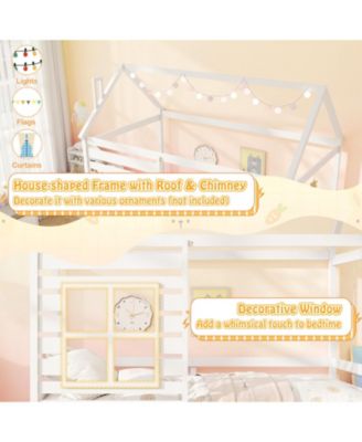 Wooden Platform House Bed with Trundle and Roof