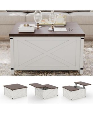 Farmhouse Coffee Table with Lift Top, 315" Square Rustic Cocktail Table with Storage, x-Shaped Design & Industrial Metal Accents, Sturdy Wood