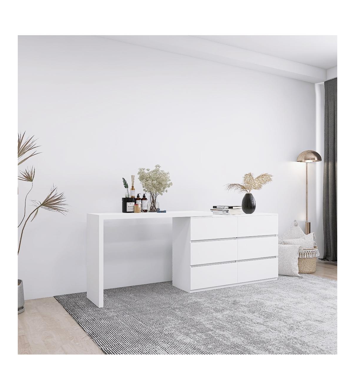 flynama Extended Desktop 6 Drawers Chest White Vanity Dresser with Adjustable Desk Top Handle Free Design