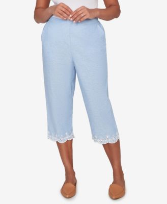 Women's Caribbean Blues Eyelet Embroidered Cuff Capri Pants