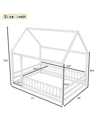 Wooden Floor Bed With House Roof Frame And Fence Guardrails For Kids
