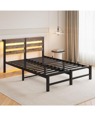 Metal Bed Wooden Headboard RGB Lights Charger Storage