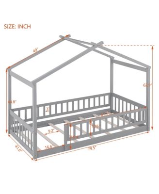 Wood House Bed Roof Fence Pine Wood Frame 7 Slats Kids Teens