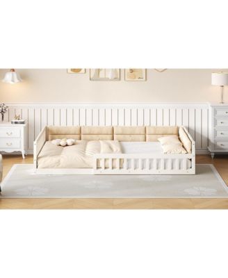 Wood Upholstered Platform Bed Guardrail Fluffy Pillows Pine Wood MDF