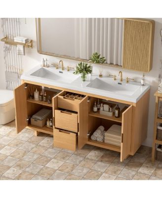 59.3" Modern Bathroom Vanity With Resin Sink, Solid Wood MDF Handle-Free, 4 Doors 3 Drawers Soft-Close