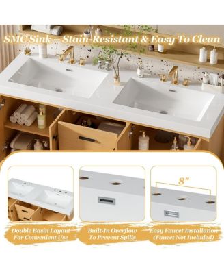 59.3" Brown Modern Wood Solid Wood MDF Double Sink Vanity With Dual SMC Sinks, 4 Doors 5 Drawers Soft-Close