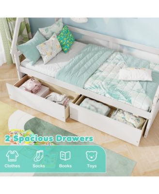 Twin Size House Bed with Roof Design and Safety Guardrails