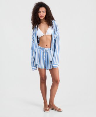 Juniors' Striped Crinkle Gauze Cover-Up Dolphin Shorts