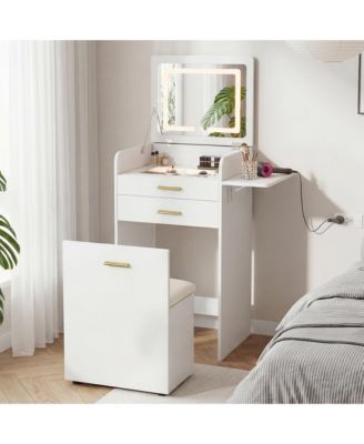 Modern Neutral Nightstand with Storage Space and LED Light Glass Top Jewelry Storage Bedside Table