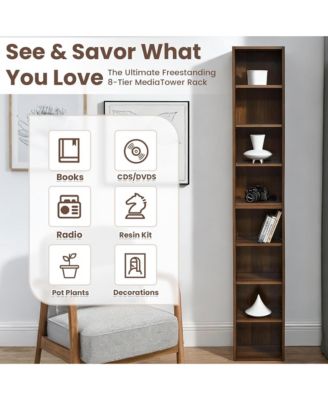 8-Tier Tall Narrow Bookshelf, Slim Storage Cabinet & Display Bookcase with Adjustable Shelves for Living Room, Office