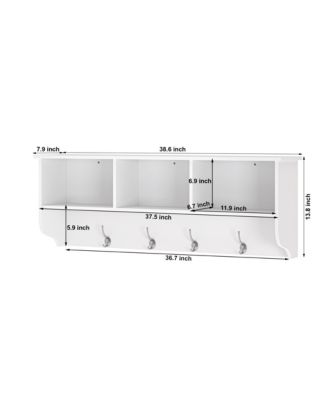 Wall Mounted Coat Rack - Wooden Storage Shelf with 4 Dual Hooks and 3 Shelves for Living Room