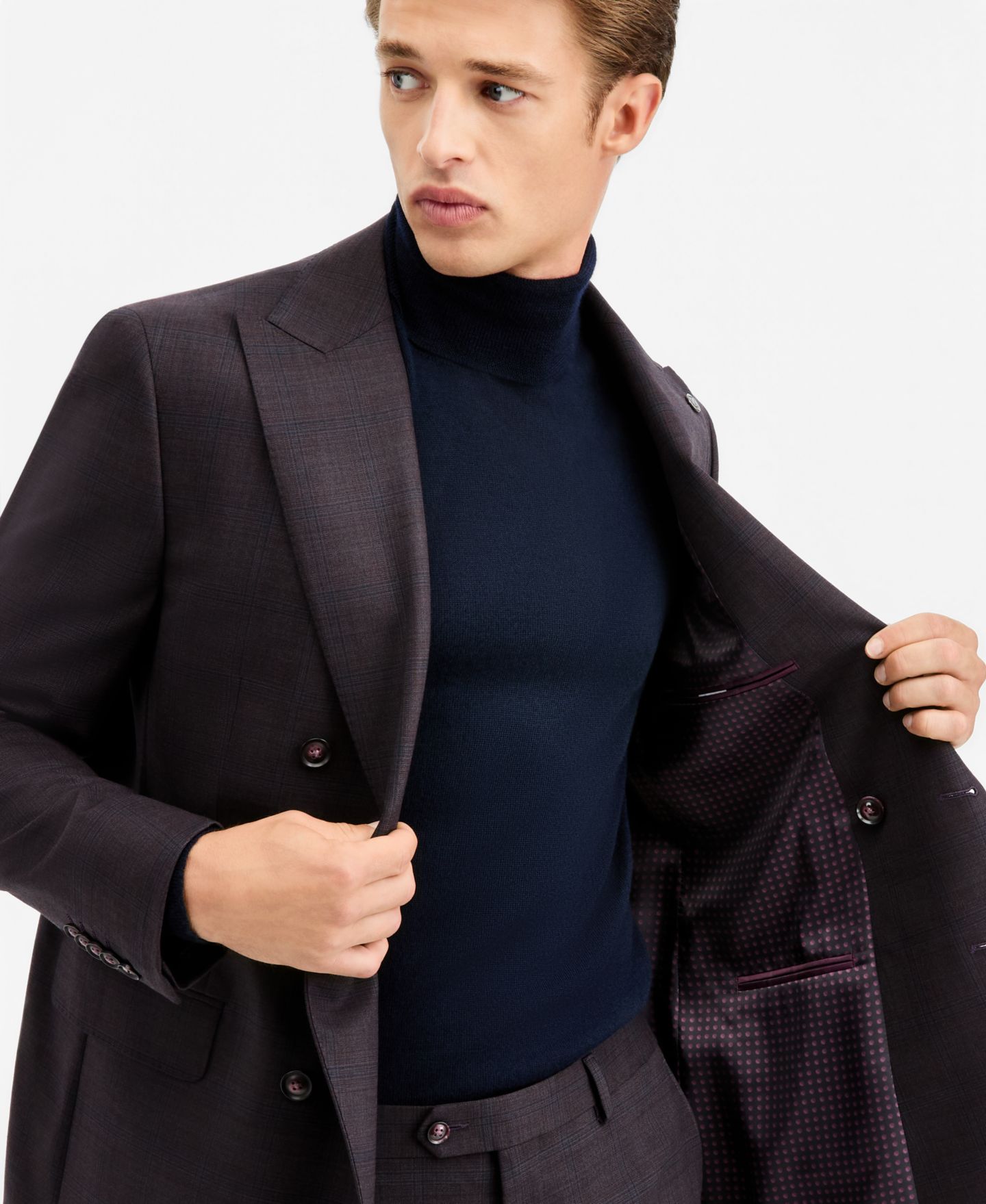 Мужская куртка Ted by Ted Baker Modern-Fit Burgundy Plaid Suit Separate Double-Breasted, цвет: Фиолетовый — фото 3
