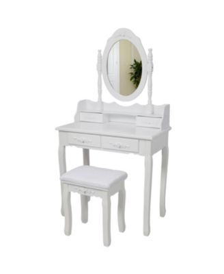 Princess Vanity Desk Set with 360 Rotating Mirror Cushioned Stool 4 Drawer Wooden Makeup Table for Girls Bedroom