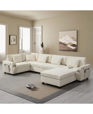 U Shaped Sectional Sofa,6 Seat Chenille Couch Set with Oversized Ottoman,Hidden Armrest Storage and Cup Holders